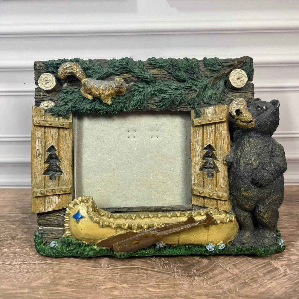 Black Bear Canoe Picture Frame Brown Rustic Lodge Cabin Decor Resin